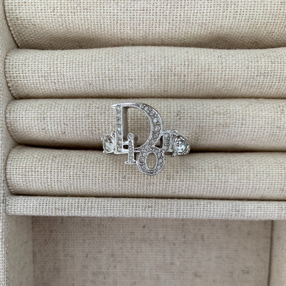 Vintage Christian Dior Silver Logo Crystal Ring 7